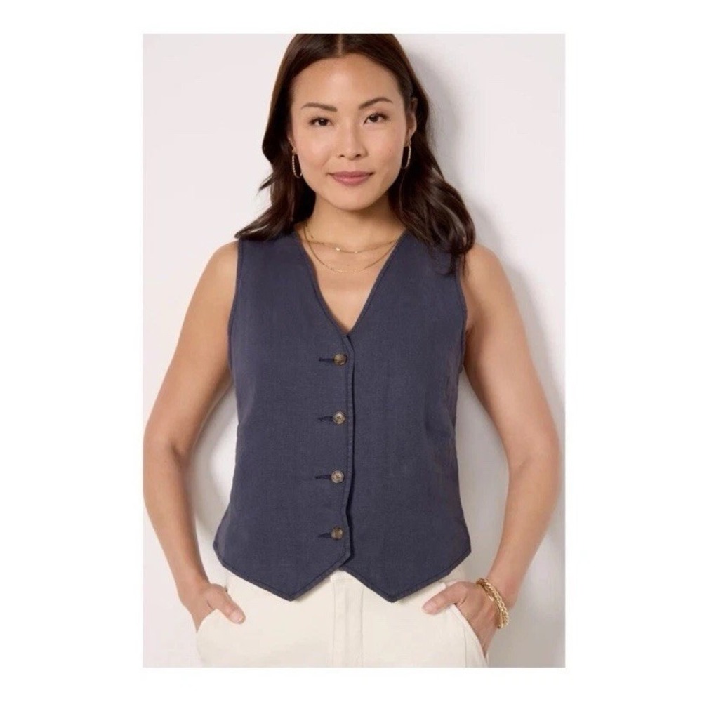 $128 NWT Faherty Monterey Linen Vest Womens Aftermidnight Blue Cropped V-Neck M